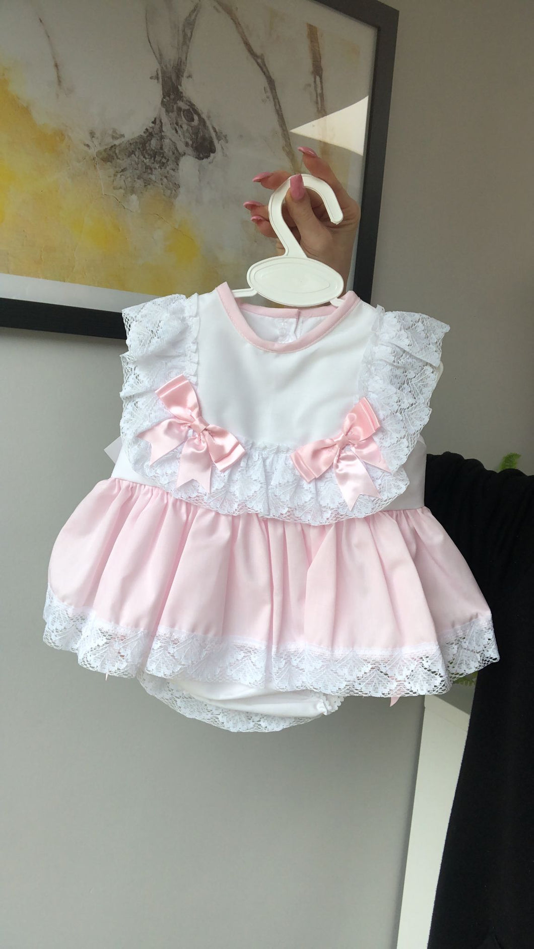 Exclusive to Bella Sorella Babywear Lace Pink & White Dress with Bloomers