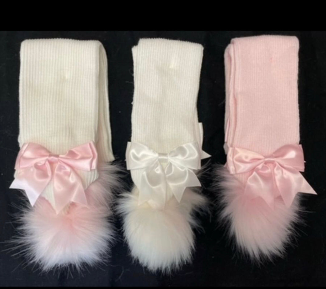Bow Pom Scarf - Pink, White & White with Pink