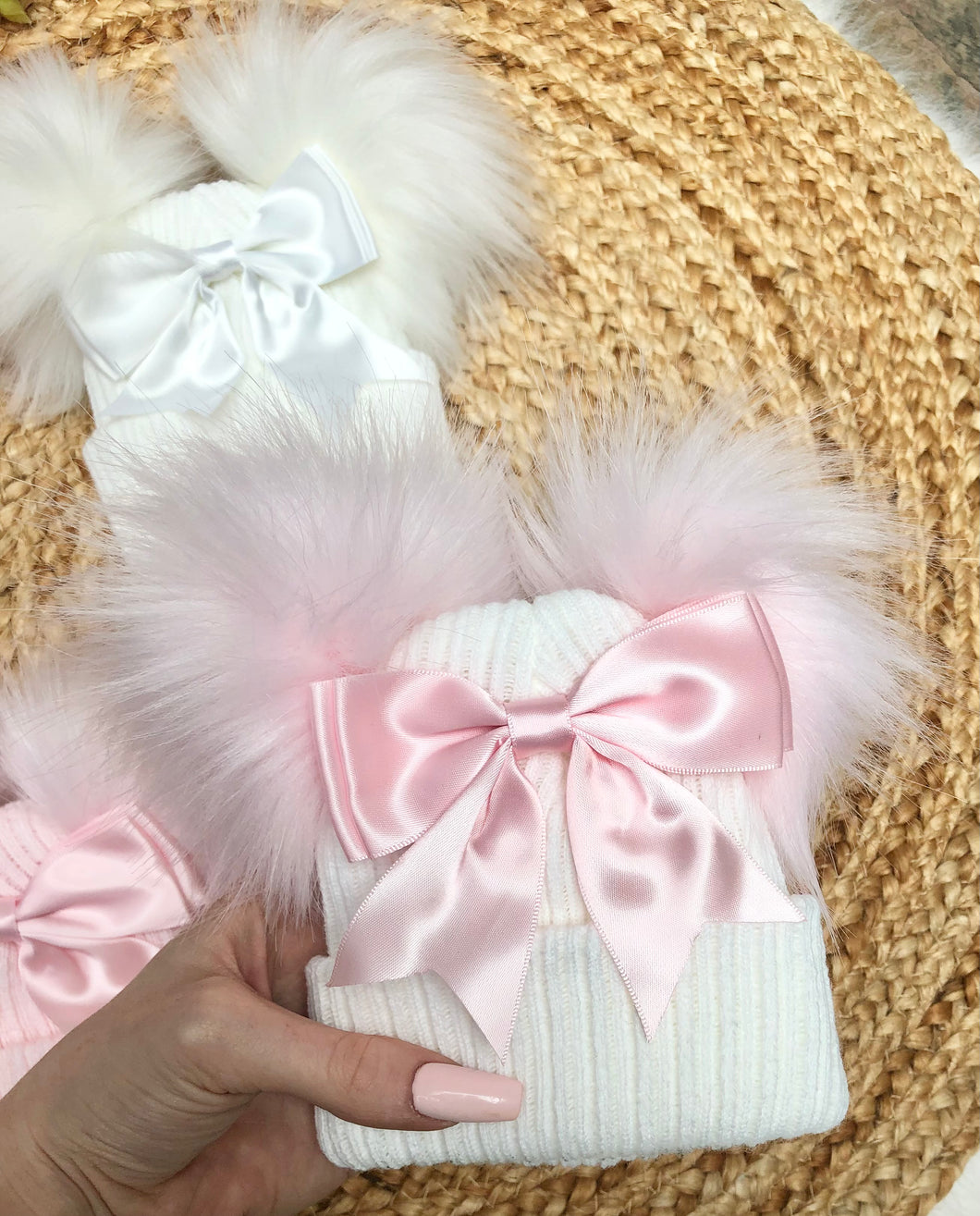White & Pink Bow Pom Hat