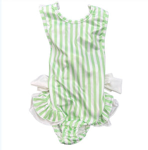 Mint Striped Ruffle Cross Back Swimsuit