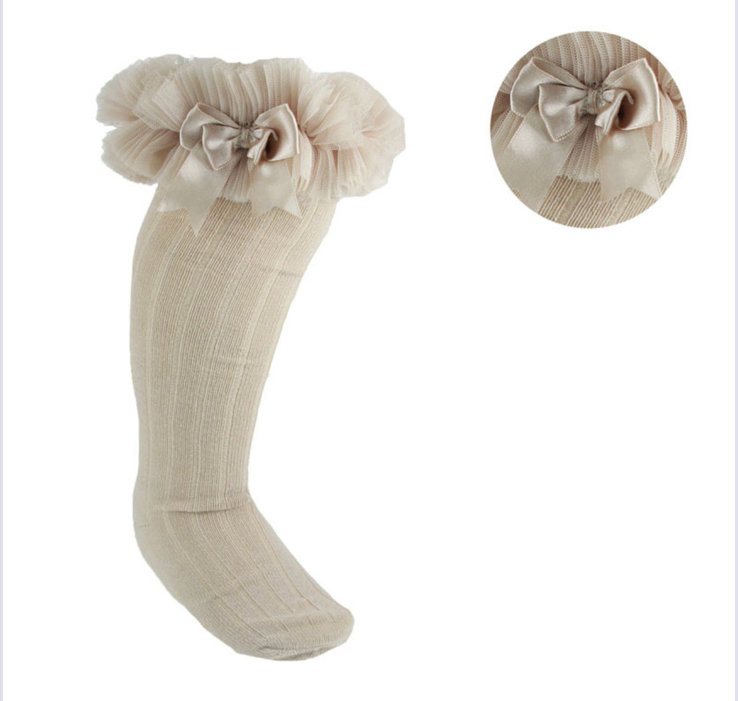 Beige Organza Knee High Sock