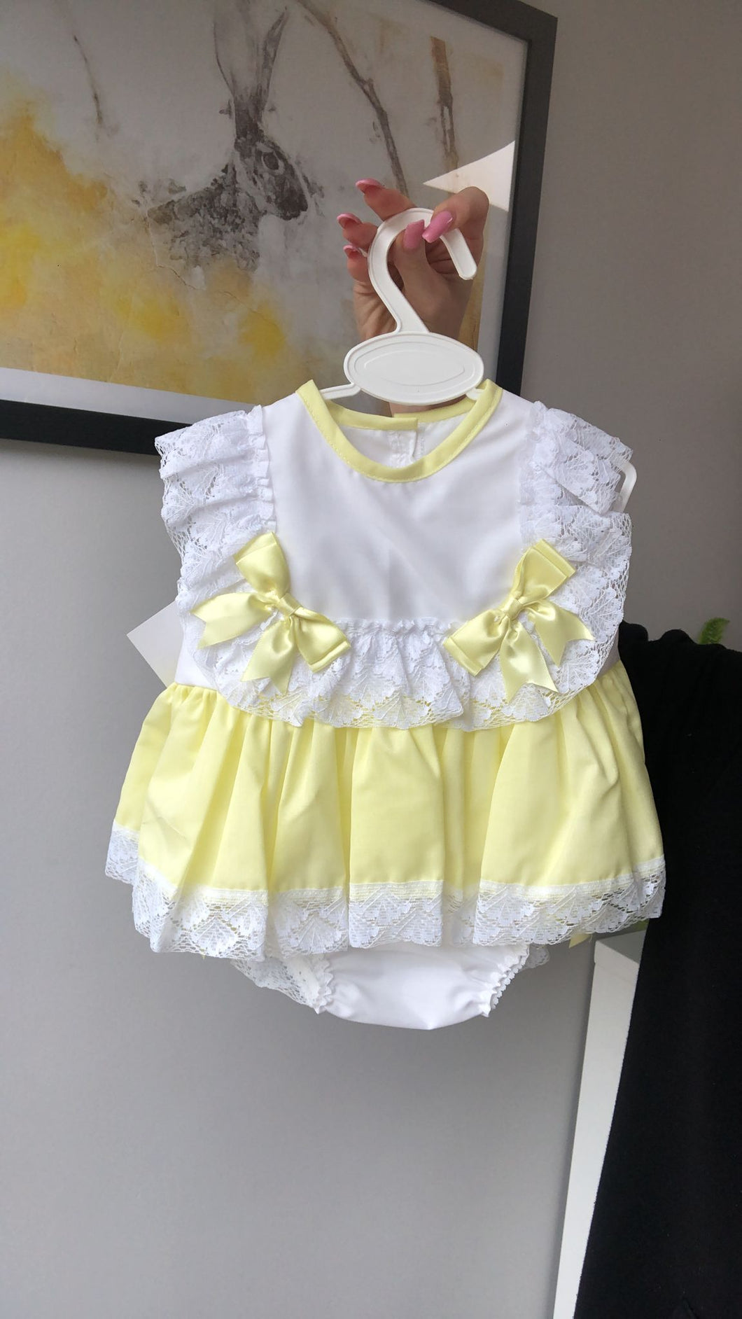 Exclusive to Bella Sorella Babywear Lace Yellow & White Dress with Bloomers